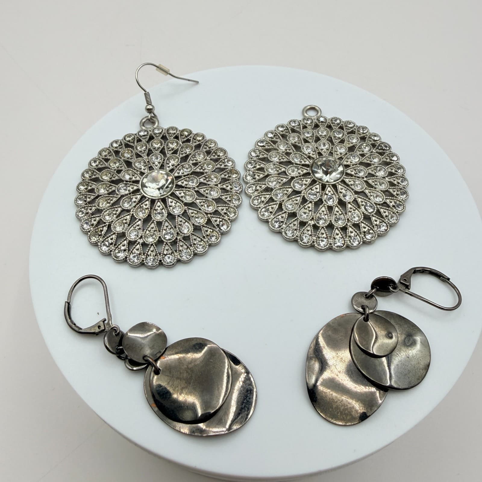 Vintage Y2K Silver Tone Clear Rhinestone Dangle Earrings Set Women's Jewelry - Thumbnail 3