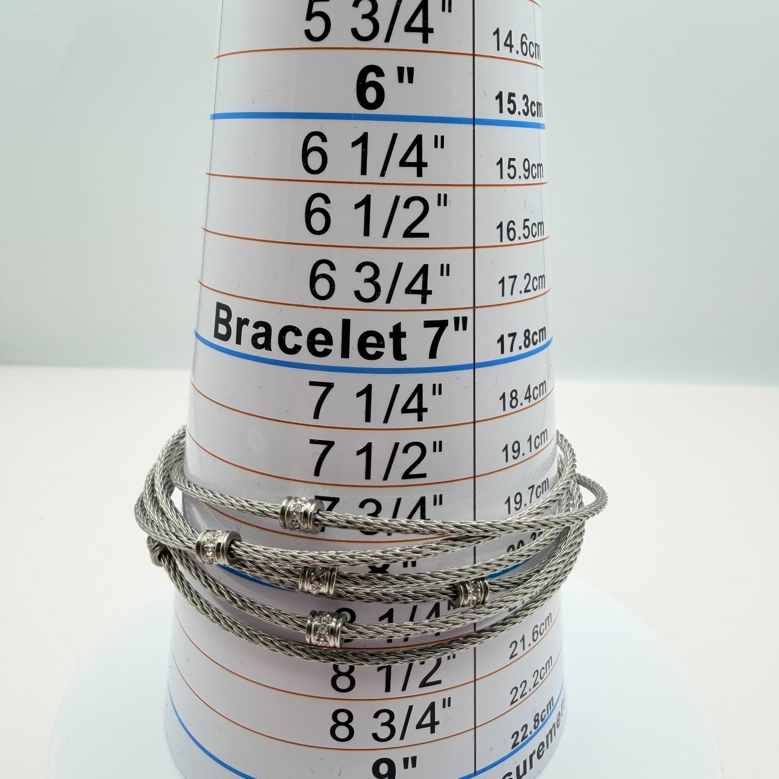 Vintage 90s Silver Tone Cable Wire Bangle Bracelet Rhinestone Women's Jewelry - Thumbnail 9