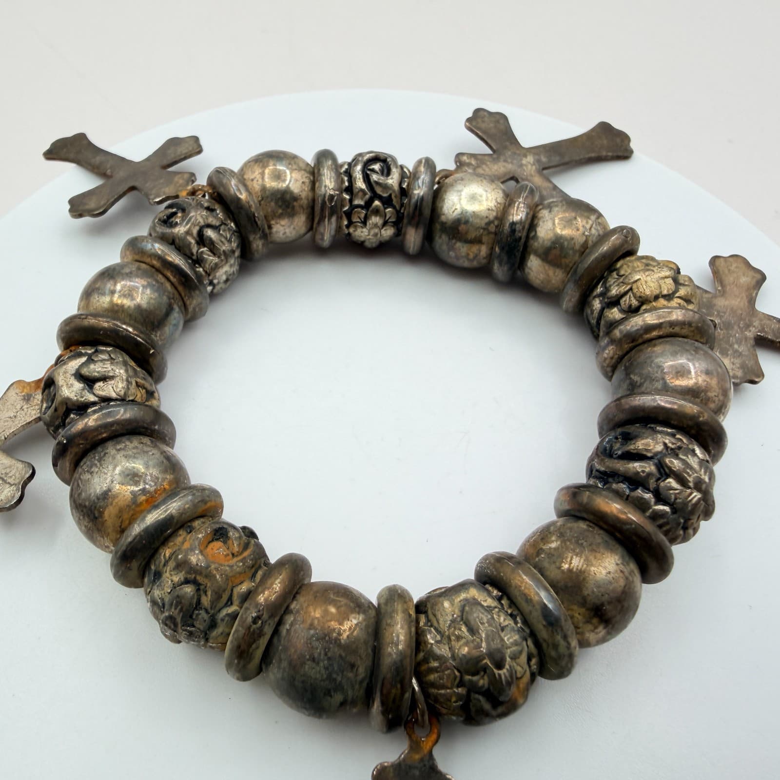 Vintage 80s Gunmeta Cross Charm Beaded Stretch Bracelet Religious Jewelry - Thumbnail 4