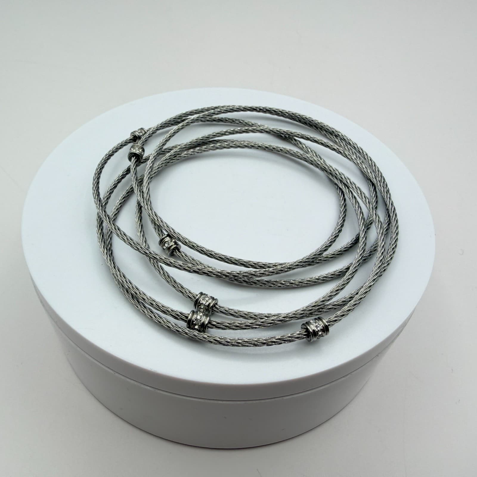 Vintage 90s Silver Tone Cable Wire Bangle Bracelet Rhinestone Women's Jewelry - Thumbnail 4