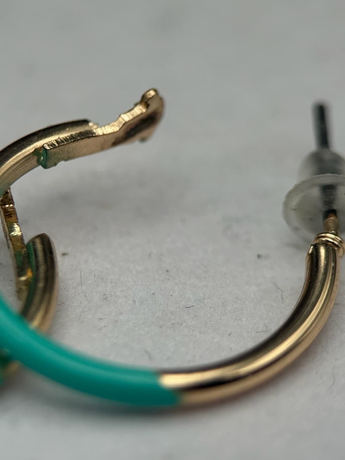 Vintage Teal Gold-Tone Metal Fashion Enamel Clip-On Huggie Hoop Earrings - Thumbnail 5