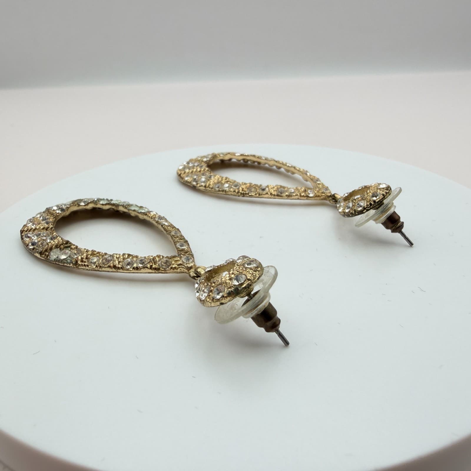 Vintage Y2K Gold Tone Teardrop Clear Rhinestone Dangle Earrings Women's Jewelry - Thumbnail 5