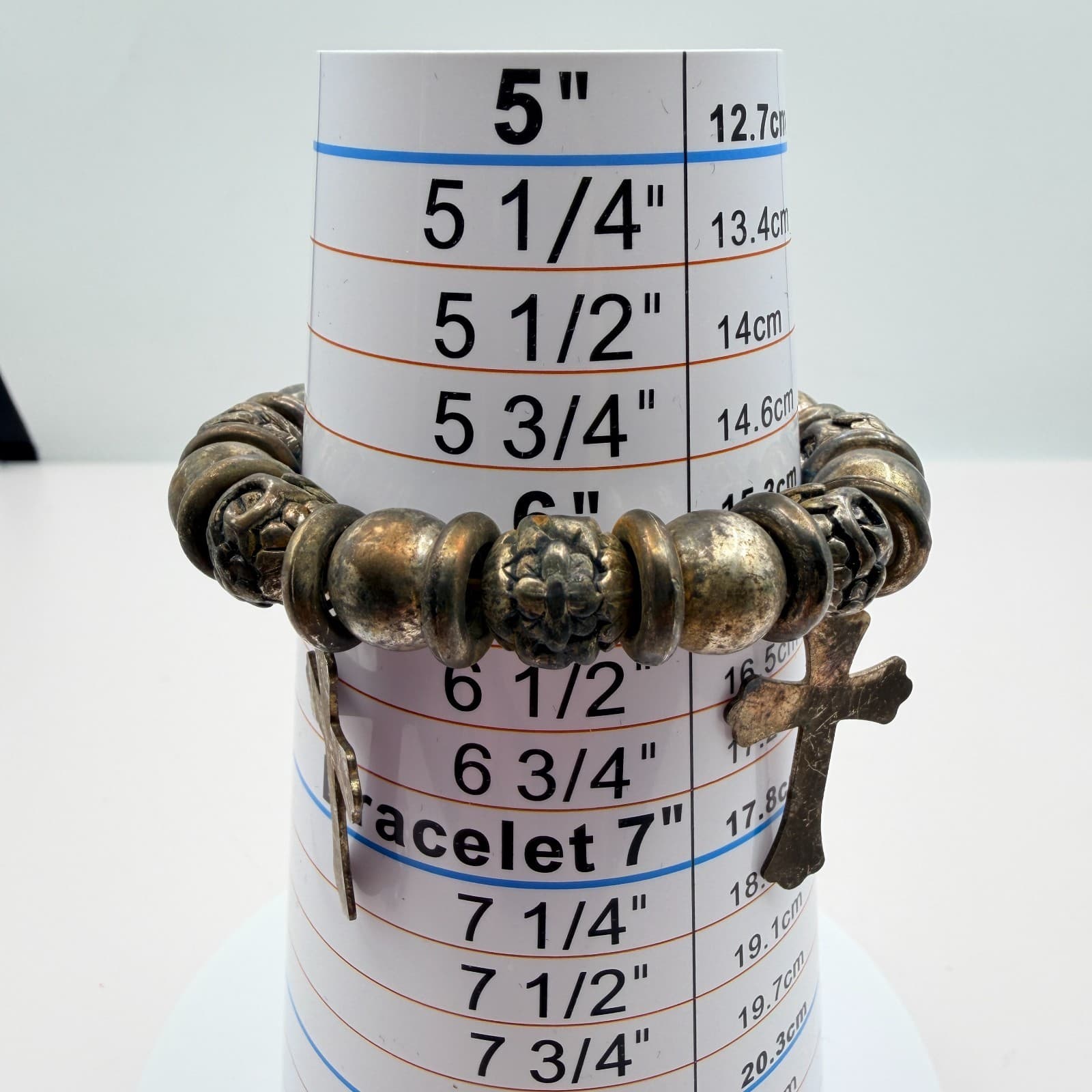 Vintage 80s Gunmeta Cross Charm Beaded Stretch Bracelet Religious Jewelry - Thumbnail 10