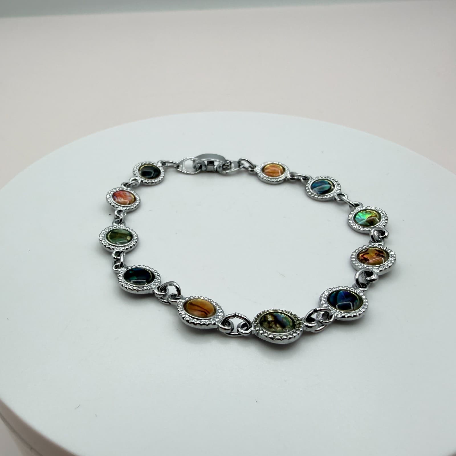 Vintage 90s Silver Tone Abalone Shell Bracelet Circular Links Coastal Jewelry - Thumbnail 8