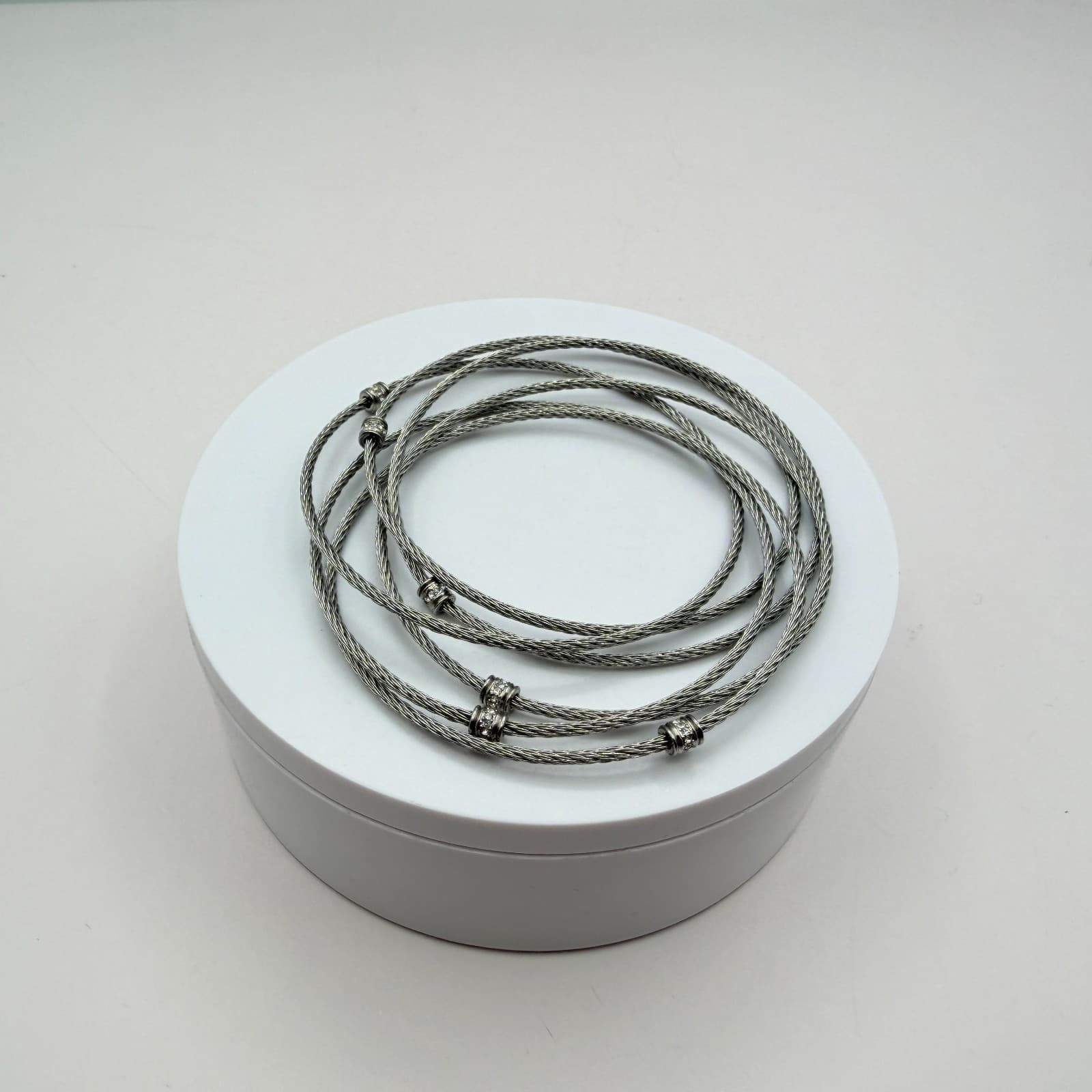 Vintage 90s Silver Tone Cable Wire Bangle Bracelet Rhinestone Women's Jewelry - Thumbnail 6