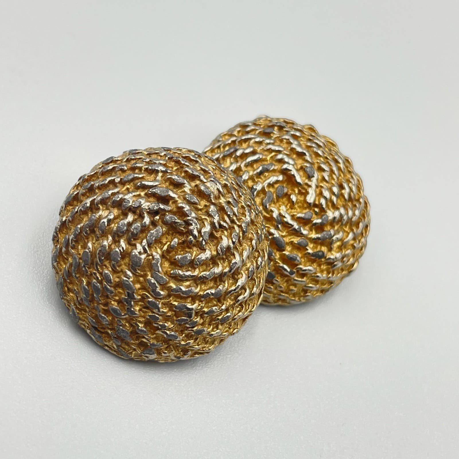 Vintage Gold Silver Tone Dome Clip Earrings Round Textured Swirl Knot Statement - Image 1
