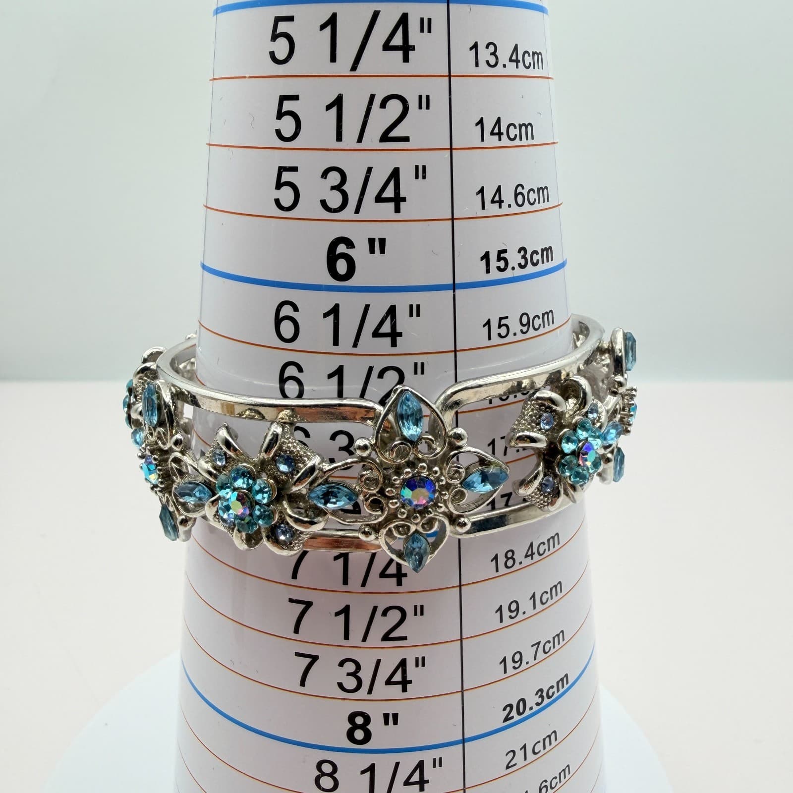 Vintage 90s Blue Rhinestone Floral Cuff Bangle Bracelet Silver Tone Jewelry - Thumbnail 8