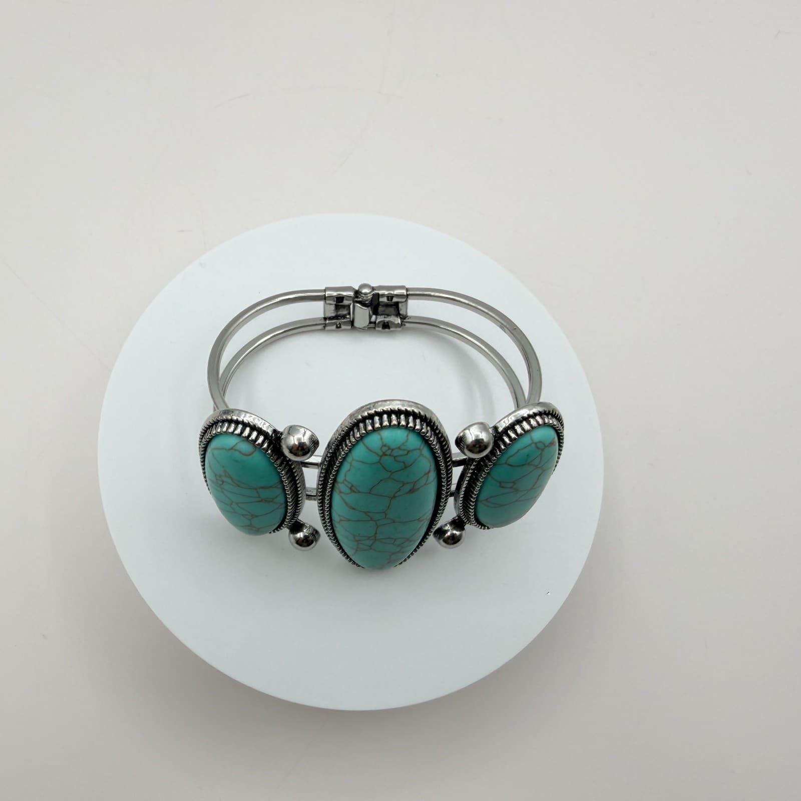 Vintage 90s Silver Tone Faux Turquoise Cuff Bangle Bracelet Women's Boho Jewelry - Thumbnail 4