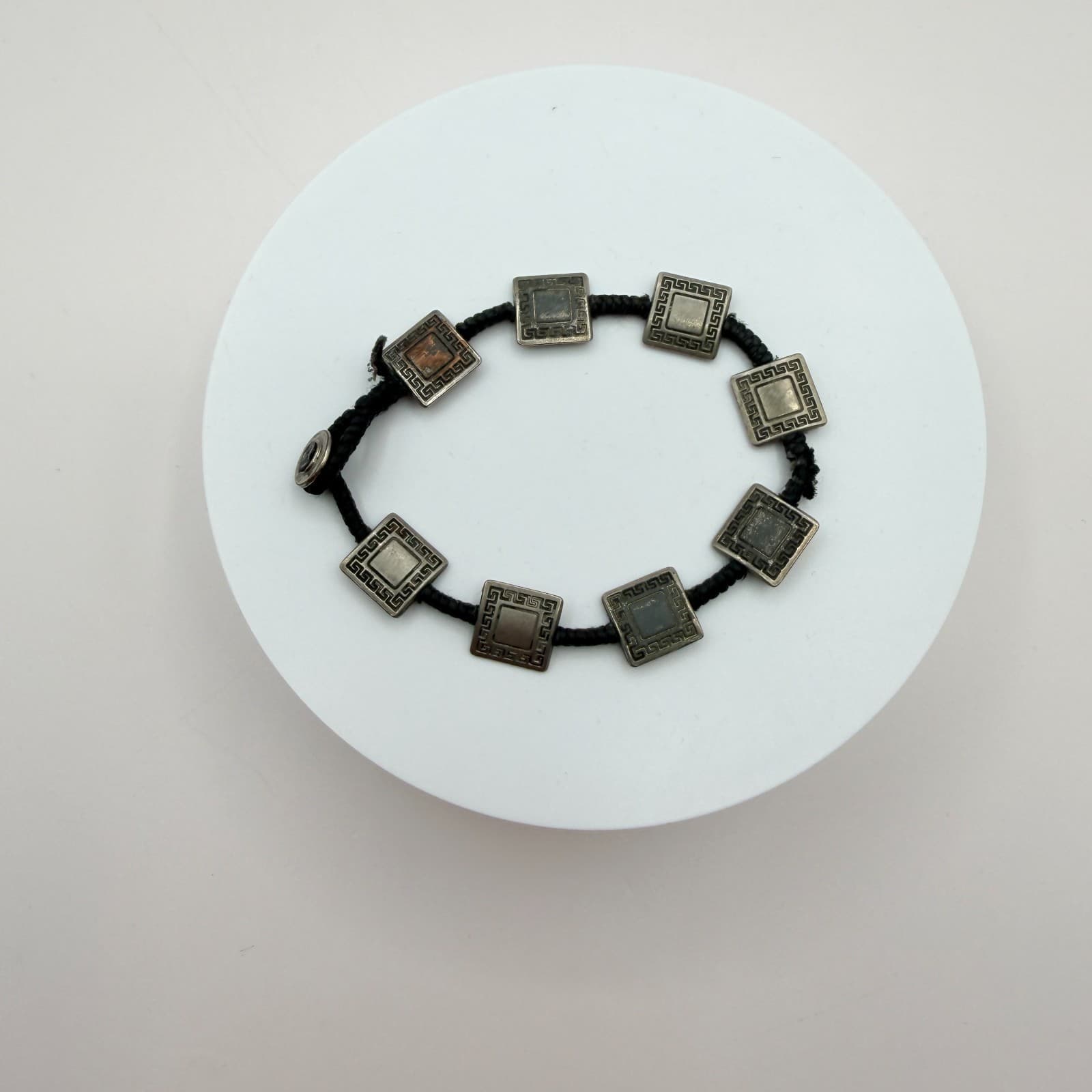 VTG Y2K Silver Tone Square Greek Key Panel Bracelet Black Cord Women's Jewelry - Thumbnail 2