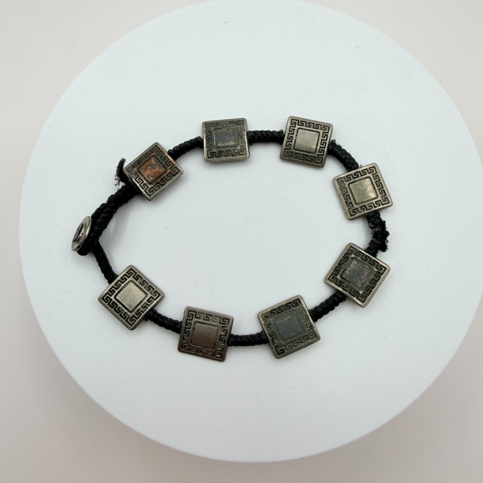 VTG Y2K Silver Tone Square Greek Key Panel Bracelet Black Cord Women's Jewelry - Thumbnail 3