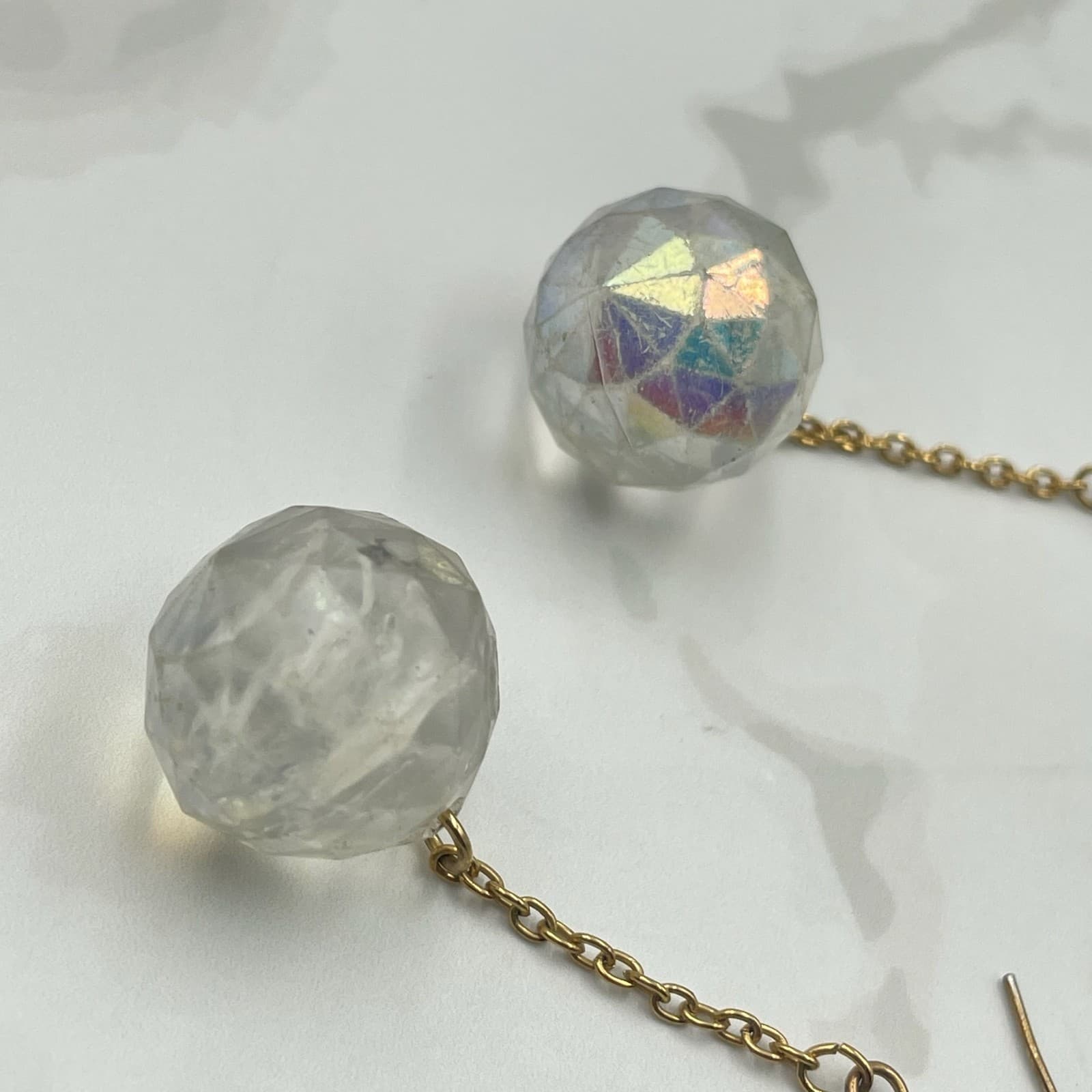 Vintage VTG Gold Tone Chain Dangle Earrings Clear Iridescent Crystal Ball Boho - Thumbnail 3