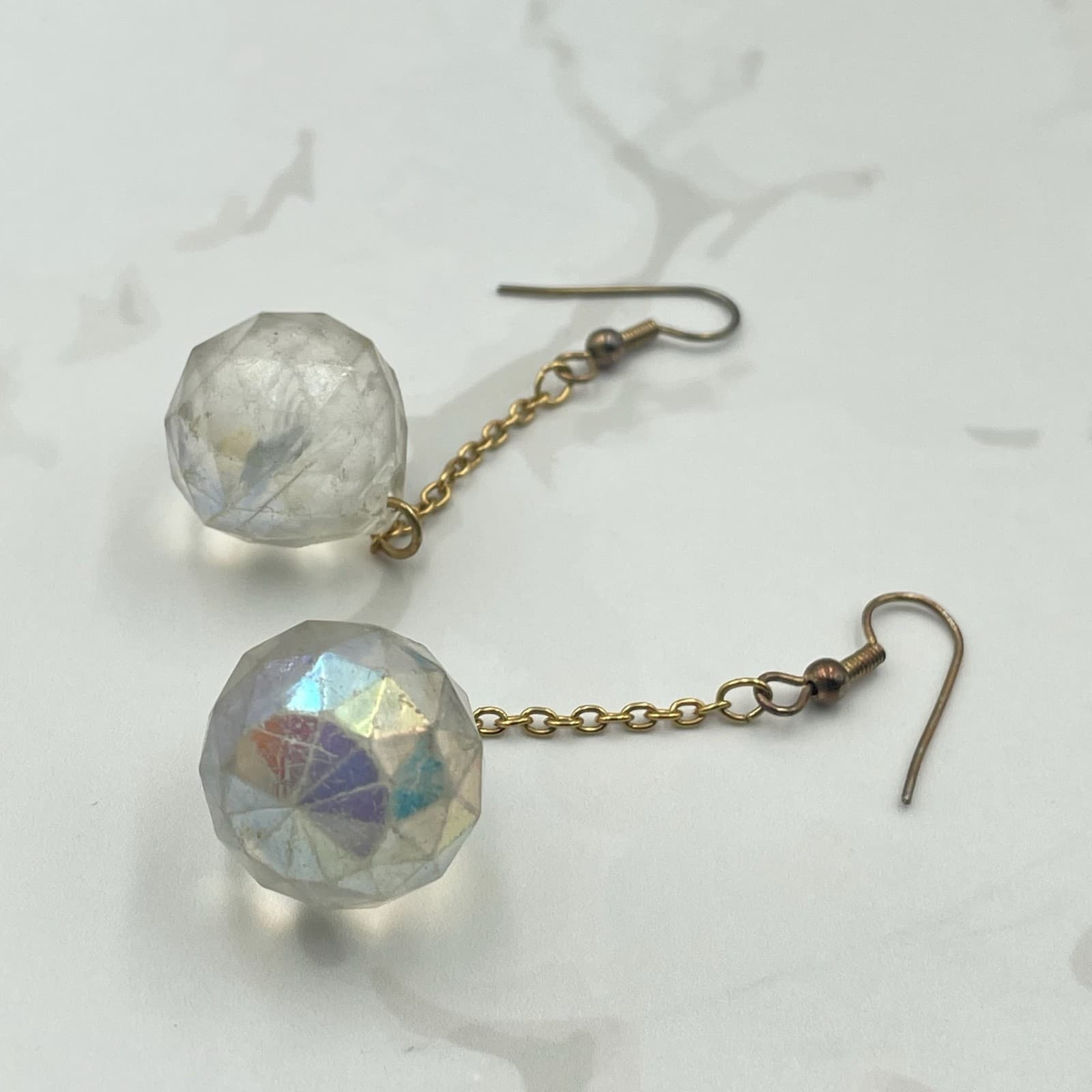 Vintage VTG Gold Tone Chain Dangle Earrings Clear Iridescent Crystal Ball Boho - Thumbnail 5