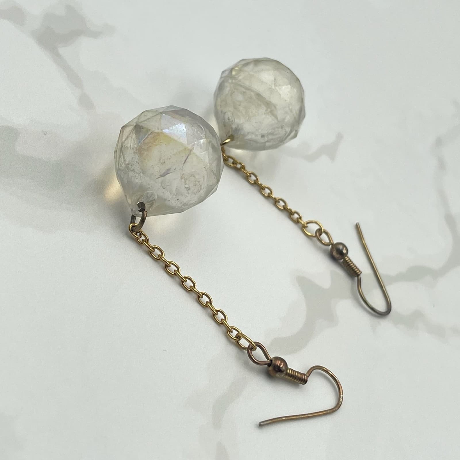 Vintage VTG Gold Tone Chain Dangle Earrings Clear Iridescent Crystal Ball Boho - Thumbnail 8