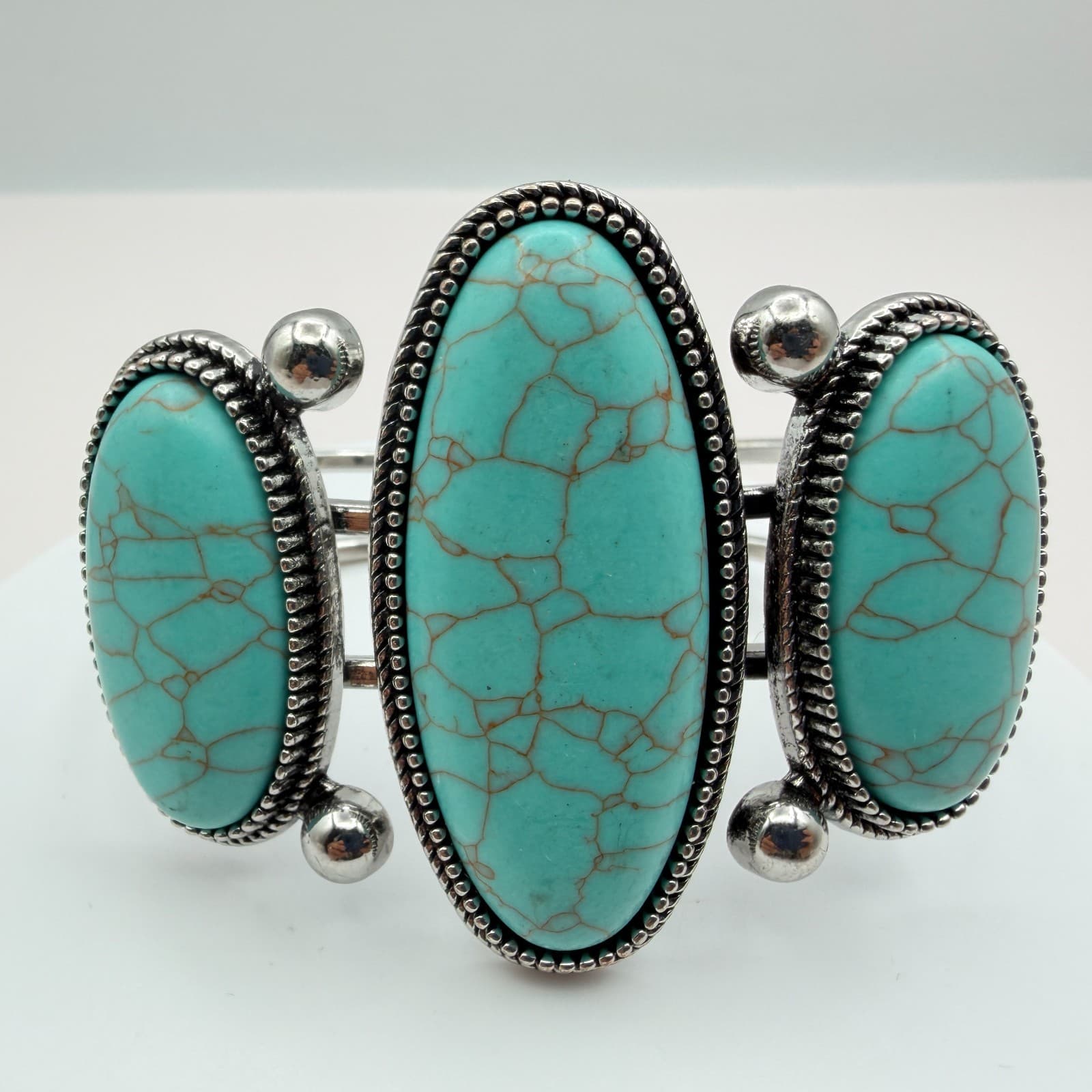 Vintage 90s Silver Tone Faux Turquoise Cuff Bangle Bracelet Women's Boho Jewelry - Image 1