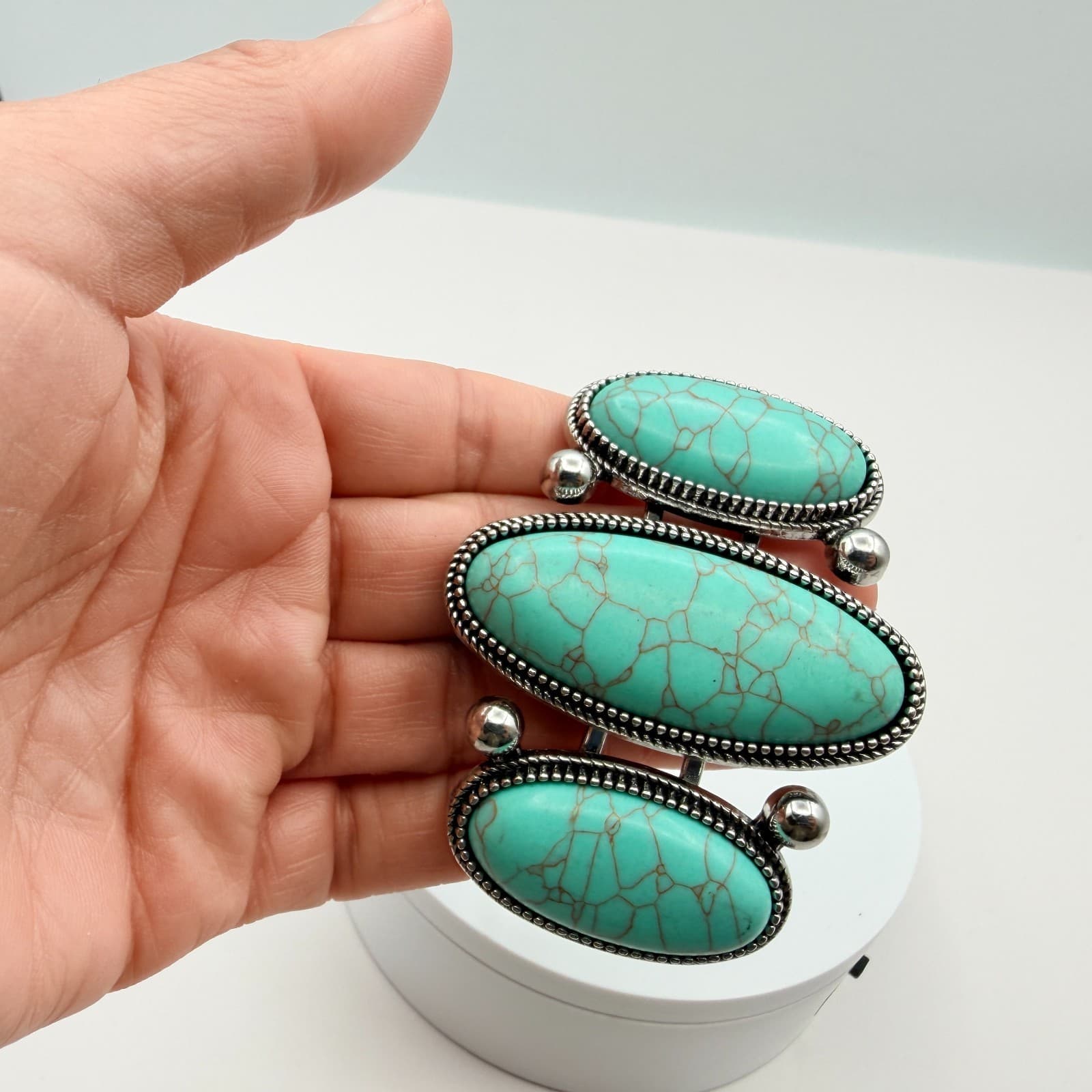 Vintage 90s Silver Tone Faux Turquoise Cuff Bangle Bracelet Women's Boho Jewelry - Thumbnail 8