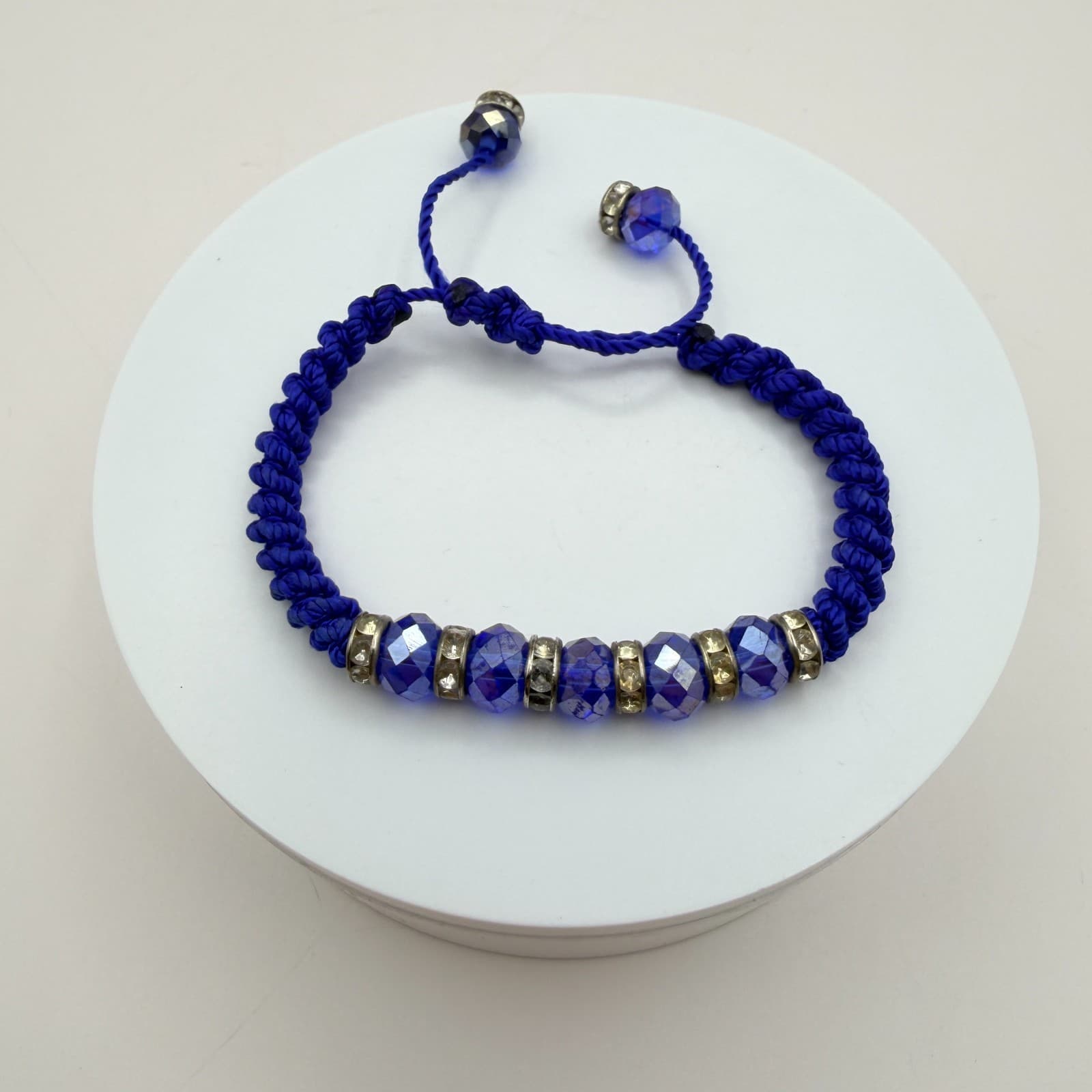 Vintage 90s Blue Beaded Rhinestone Macrame Bracelet 2 Pics Silver Tone Jewelry - Thumbnail 2