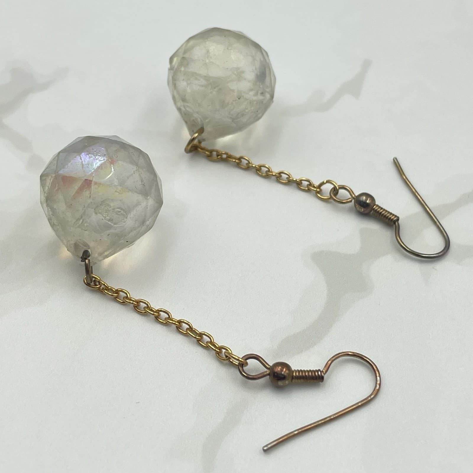 Vintage VTG Gold Tone Chain Dangle Earrings Clear Iridescent Crystal Ball Boho - Thumbnail 7