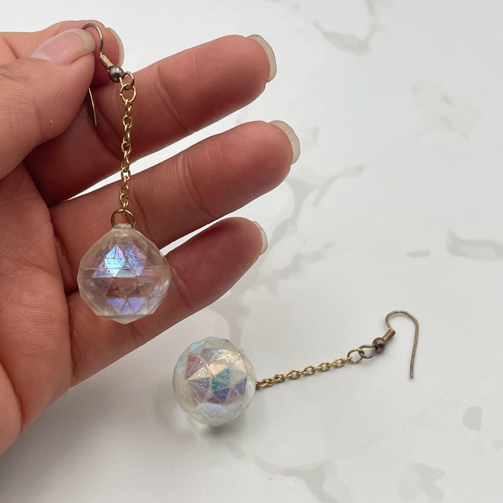 Vintage VTG Gold Tone Chain Dangle Earrings Clear Iridescent Crystal Ball Boho - Thumbnail 4