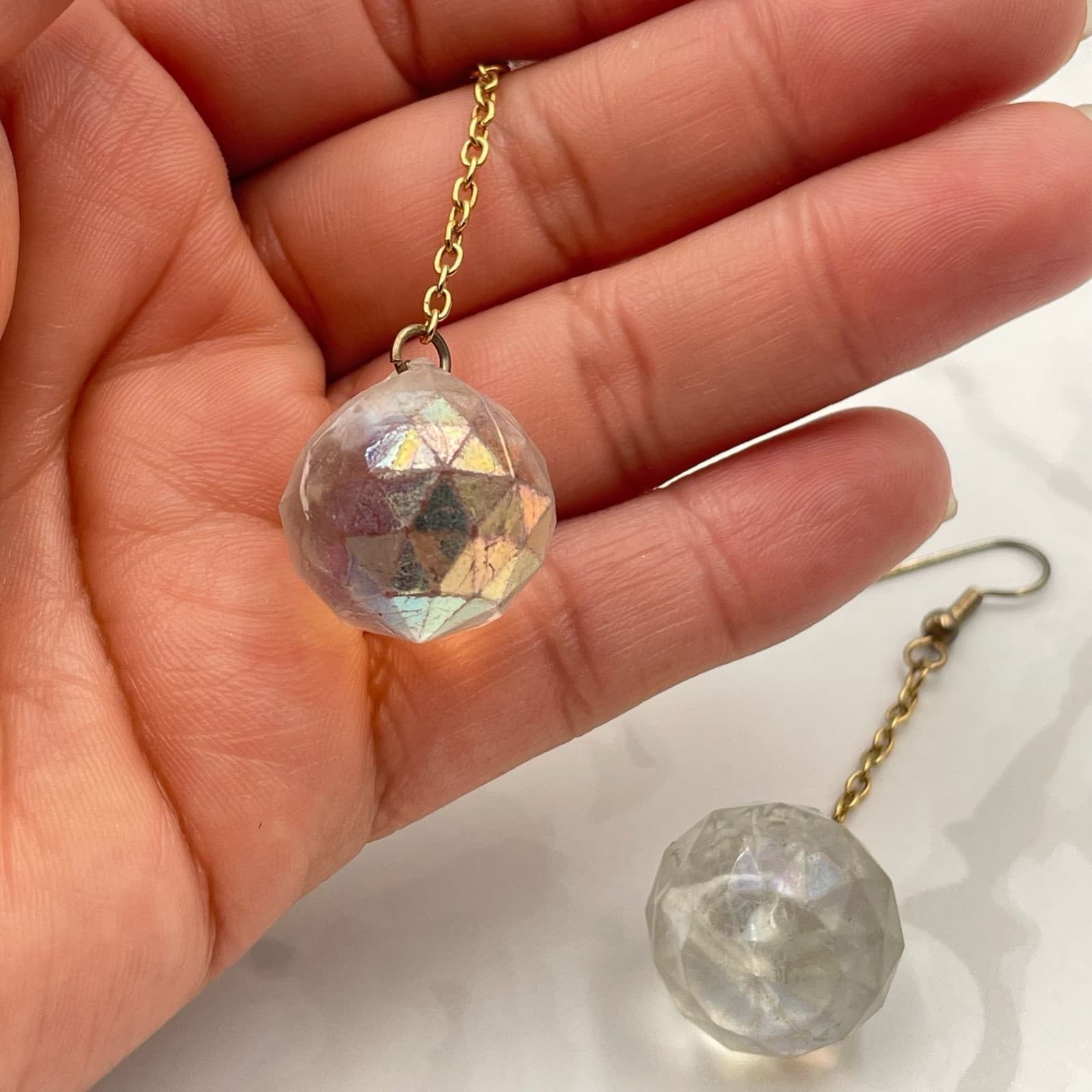 Vintage VTG Gold Tone Chain Dangle Earrings Clear Iridescent Crystal Ball Boho - Thumbnail 11