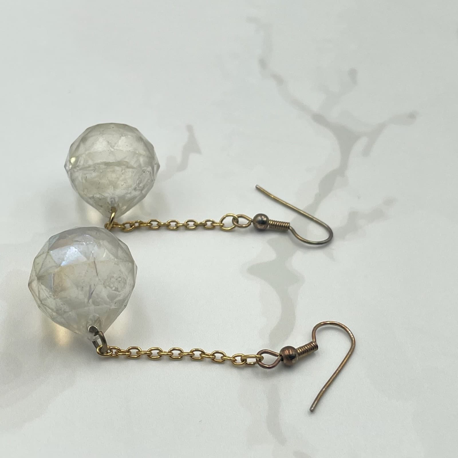 Vintage VTG Gold Tone Chain Dangle Earrings Clear Iridescent Crystal Ball Boho - Thumbnail 9