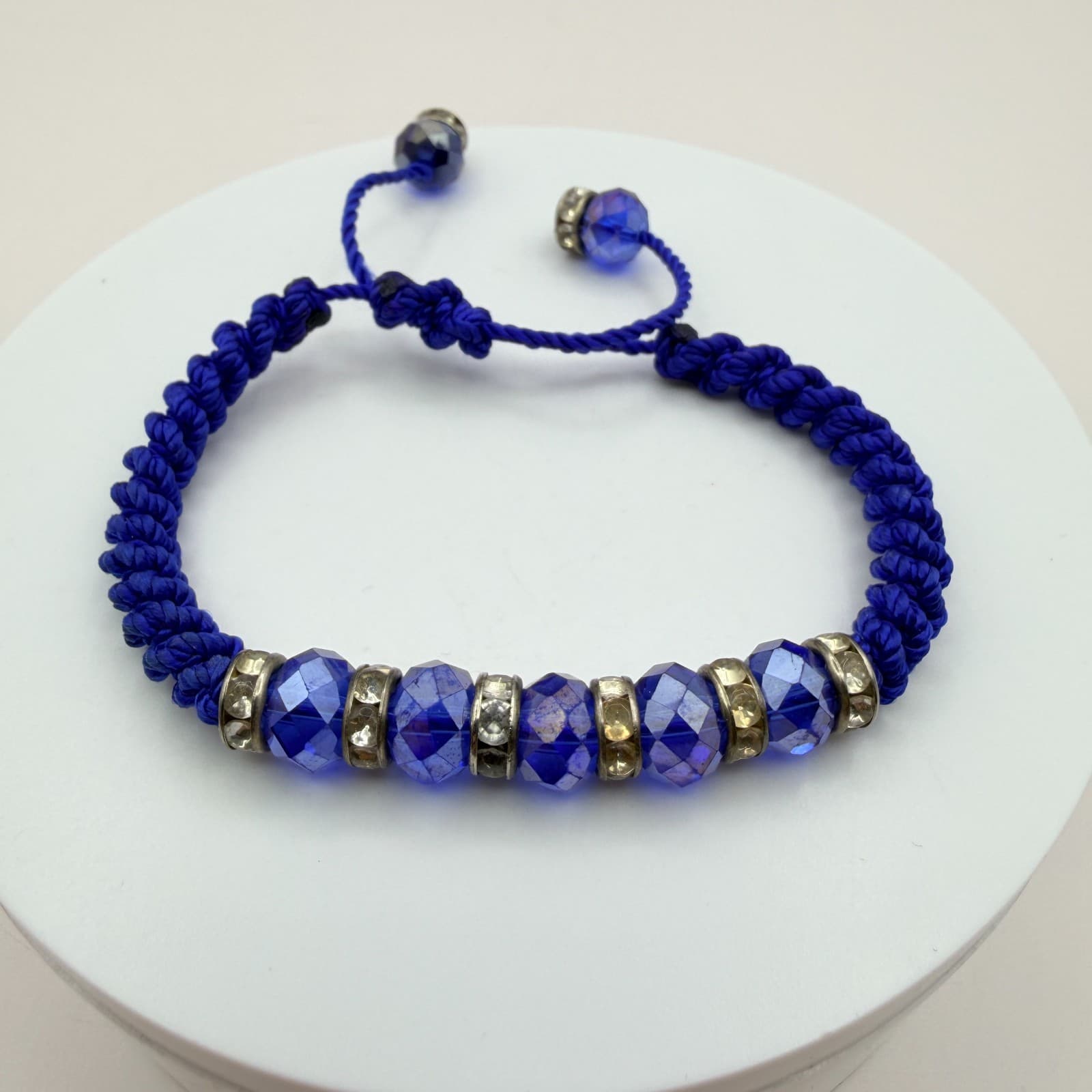 Vintage 90s Blue Beaded Rhinestone Macrame Bracelet 2 Pics Silver Tone Jewelry - Thumbnail 3