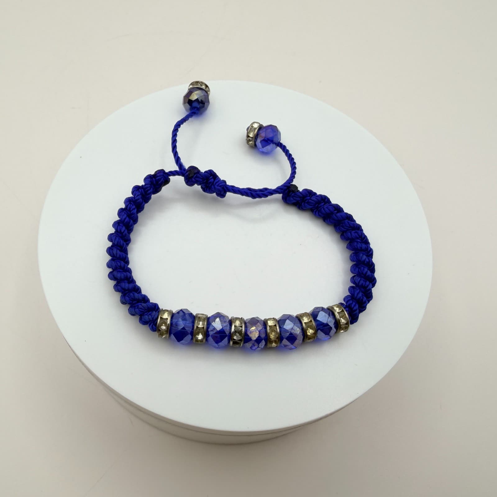 Vintage 90s Blue Beaded Rhinestone Macrame Bracelet 2 Pics Silver Tone Jewelry - Thumbnail 5