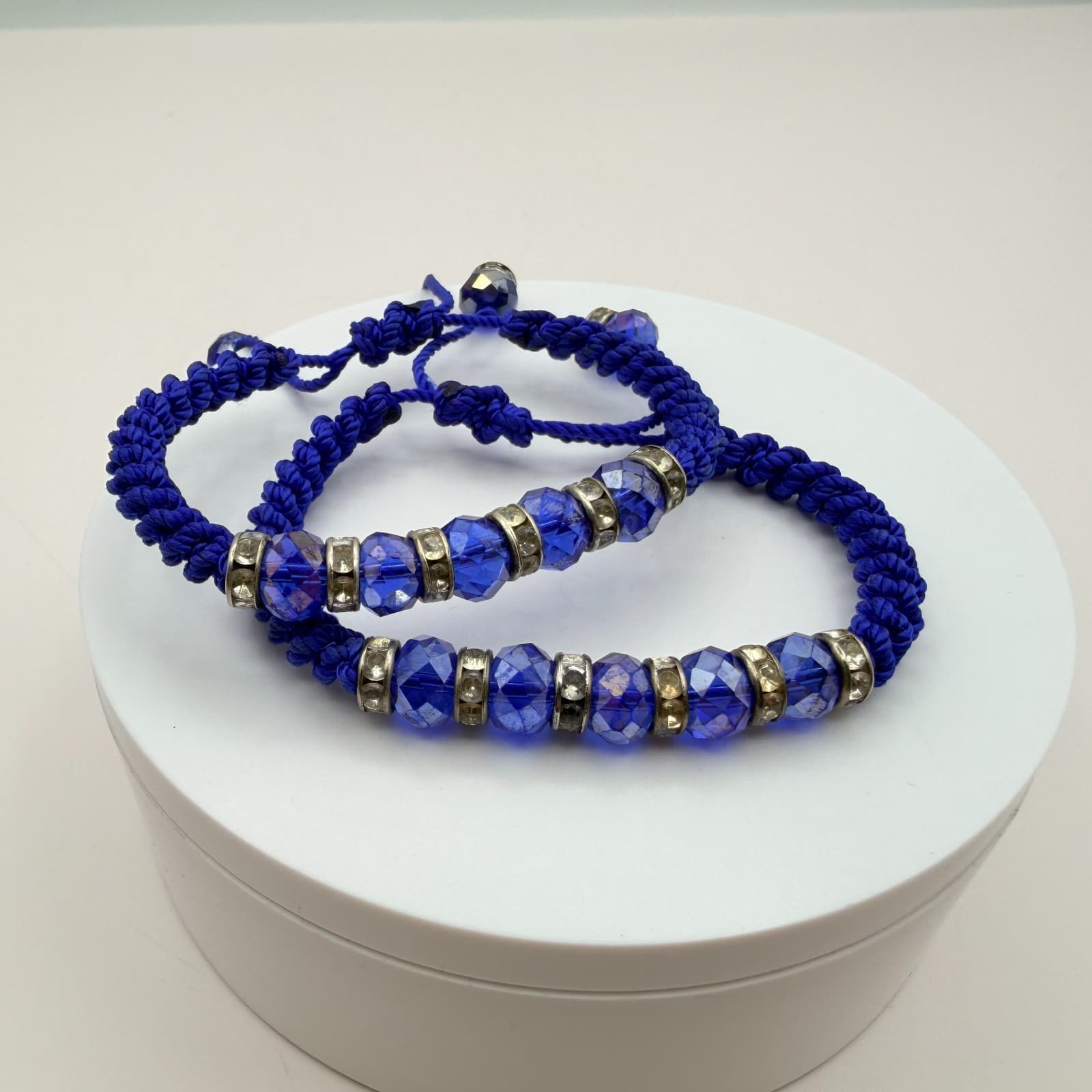 Vintage 90s Blue Beaded Rhinestone Macrame Bracelet 2 Pics Silver Tone Jewelry - Thumbnail 6