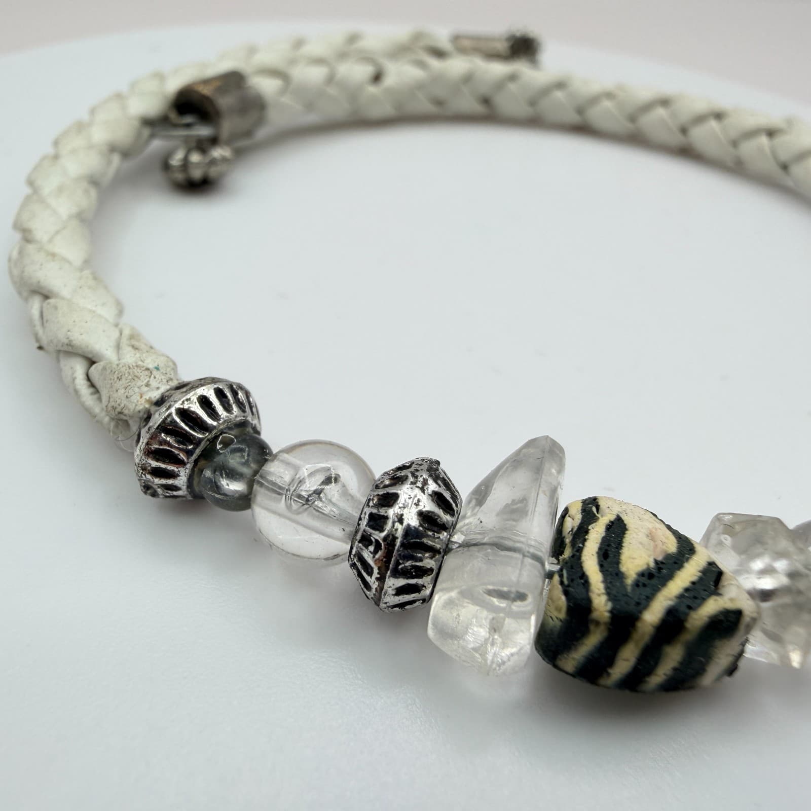 Vintage Y2K Silver Tone White Braided Leather Bracelet Beaded Zebra Stripe Charm - Thumbnail 4