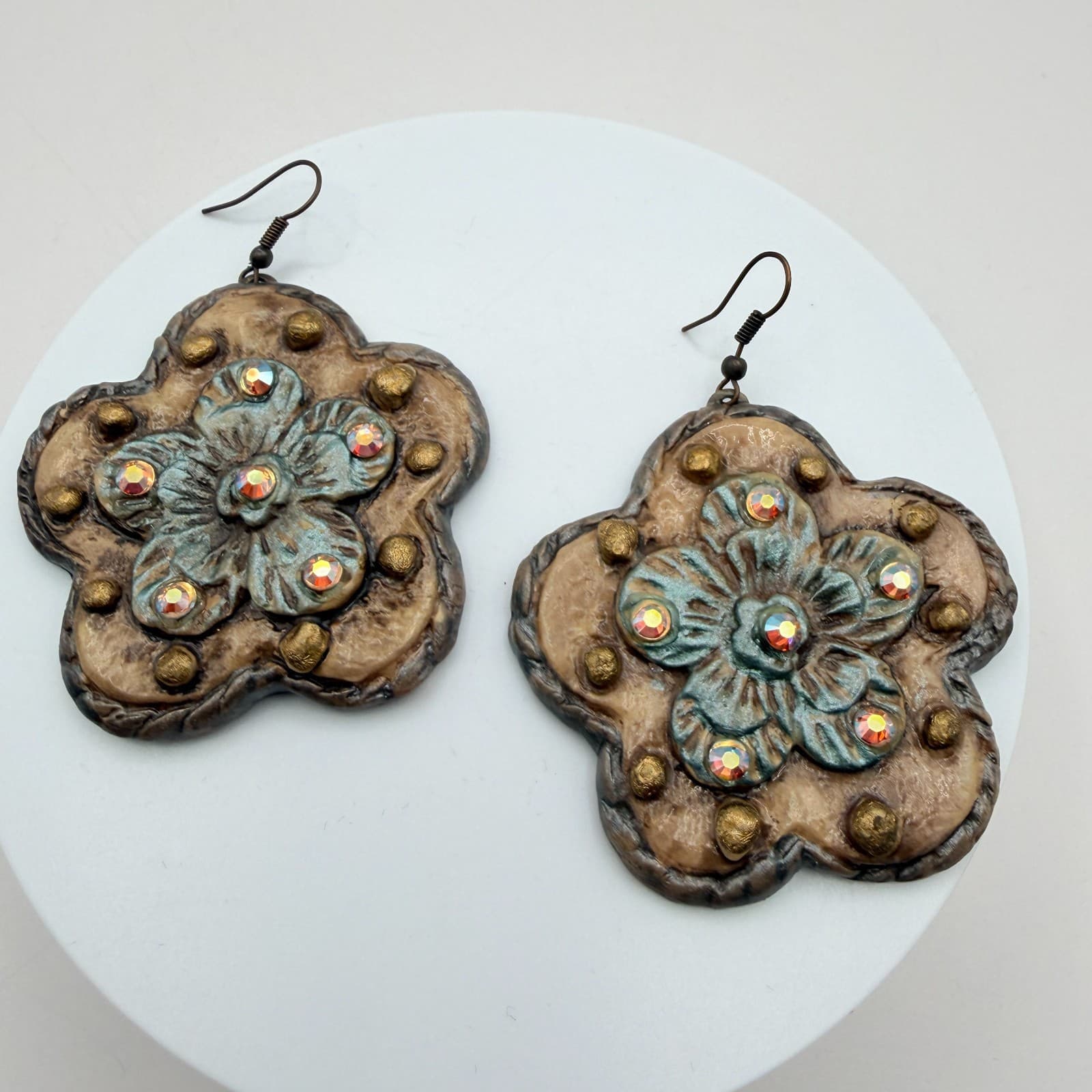Vintage 90s Flower Drop Earrings Glass Rhinestone Women's Classic Jewelry - Thumbnail 3