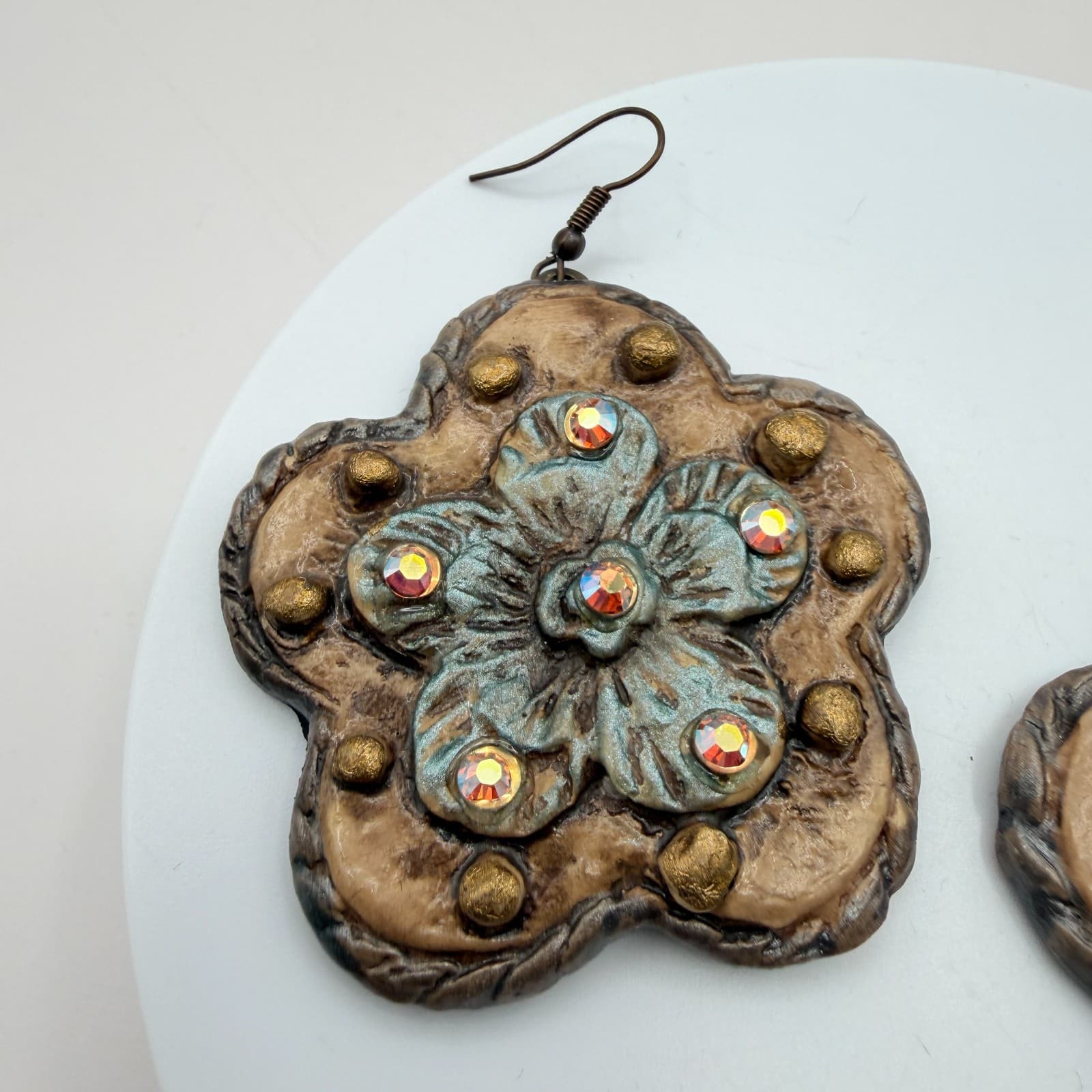 Vintage 90s Flower Drop Earrings Glass Rhinestone Women's Classic Jewelry - Thumbnail 4