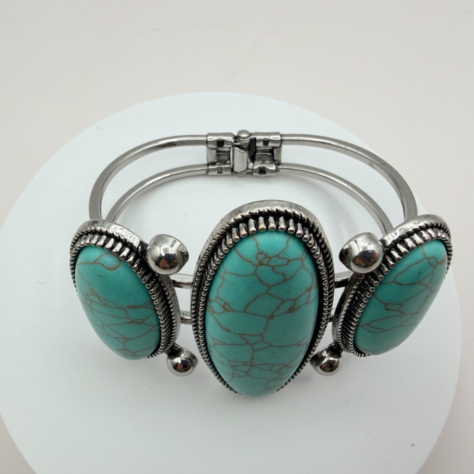 Vintage 90s Silver Tone Faux Turquoise Cuff Bangle Bracelet Women's Boho Jewelry - Thumbnail 3