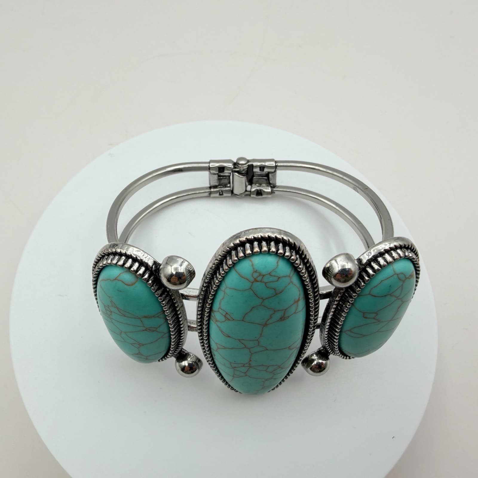 Vintage 90s Silver Tone Faux Turquoise Cuff Bangle Bracelet Women's Boho Jewelry - Thumbnail 6