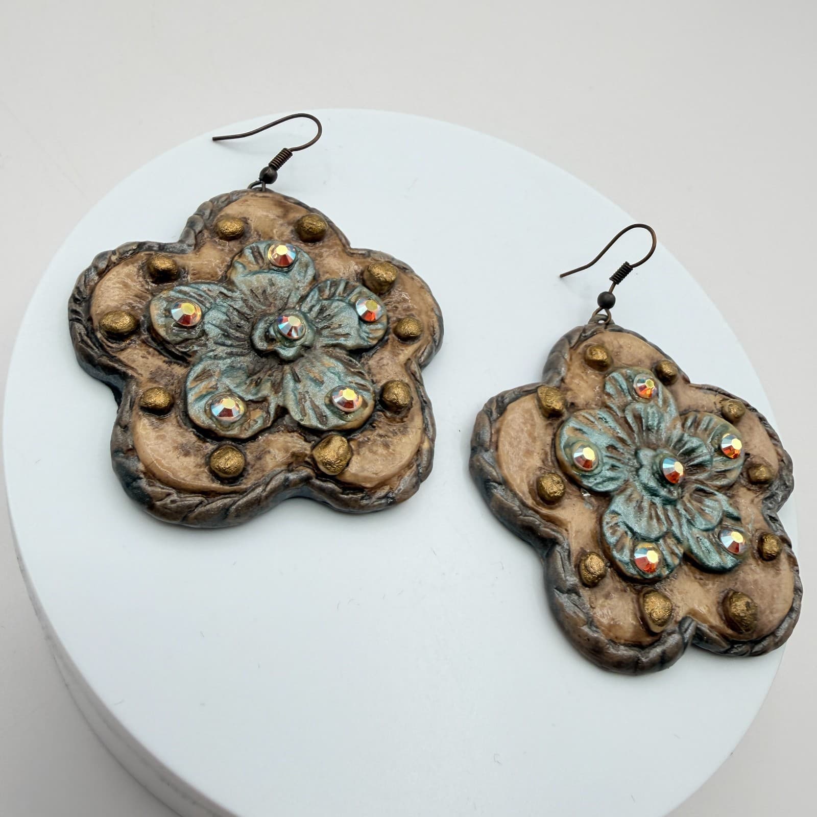 Vintage 90s Flower Drop Earrings Glass Rhinestone Women's Classic Jewelry - Thumbnail 5