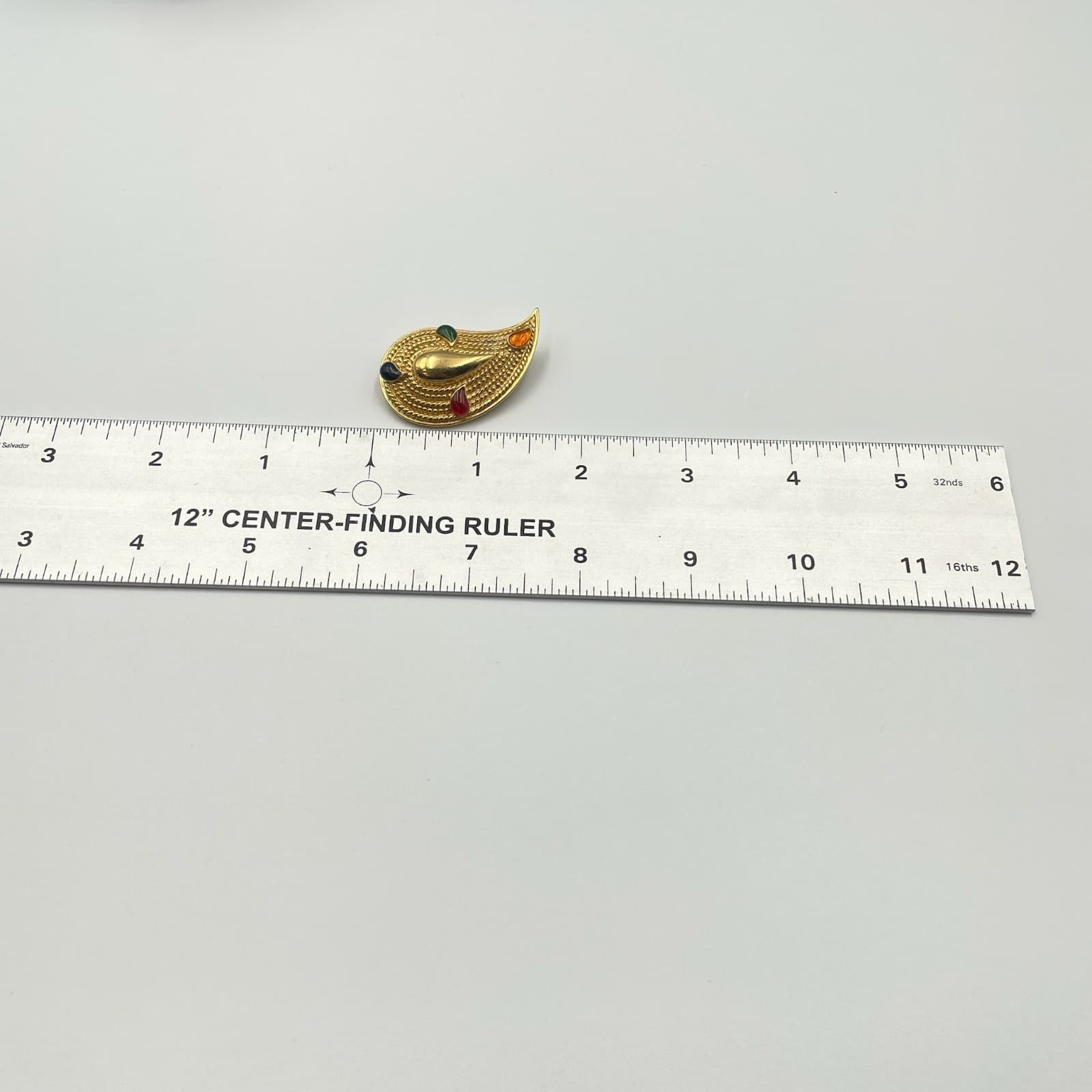 Vintage VTG Teardrop Paisley Brooch Pin Gold Tone Multi-Color Rhinestone - Thumbnail 2