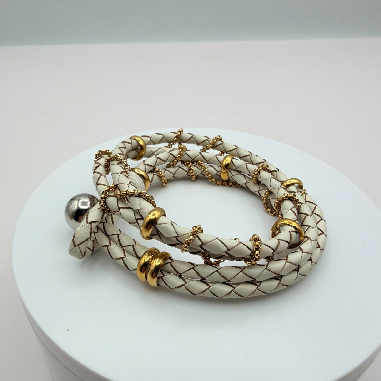 Vintage 90s White Gold Tone Multi Wrap Bracelet Braided Leather Women's Jewelry - Thumbnail 4