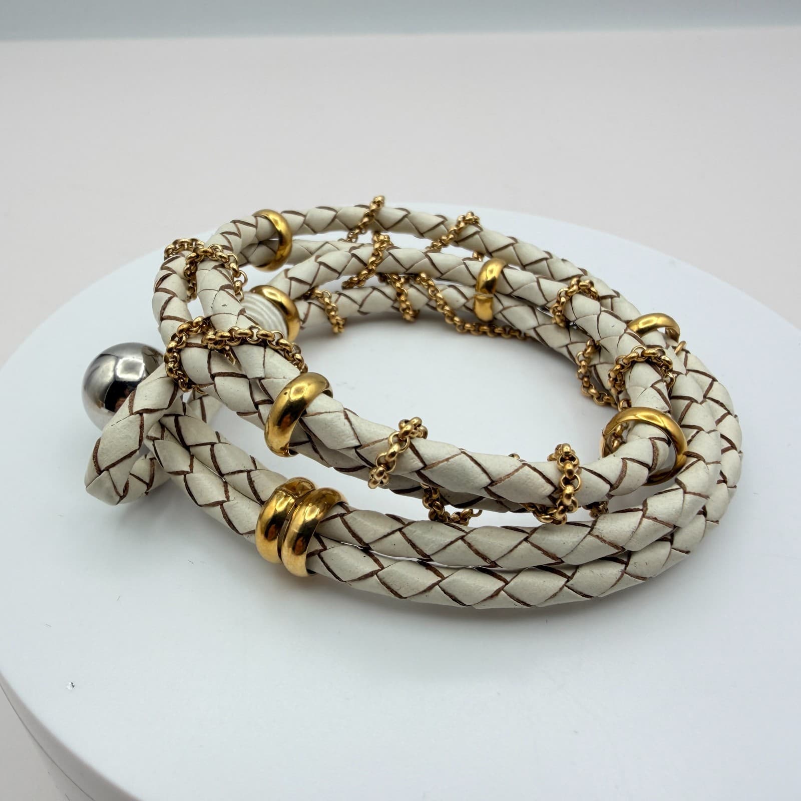 Vintage 90s White Gold Tone Multi Wrap Bracelet Braided Leather Women's Jewelry - Thumbnail 6
