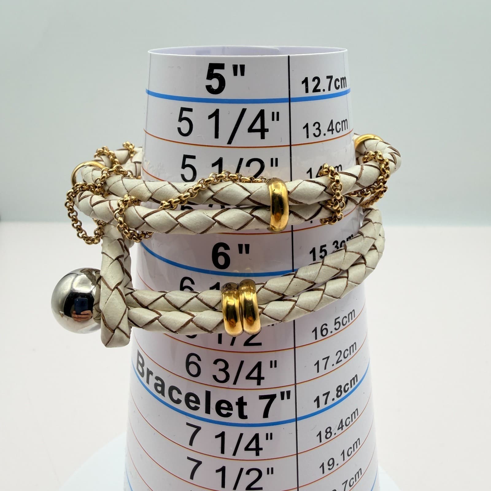 Vintage 90s White Gold Tone Multi Wrap Bracelet Braided Leather Women's Jewelry - Thumbnail 8