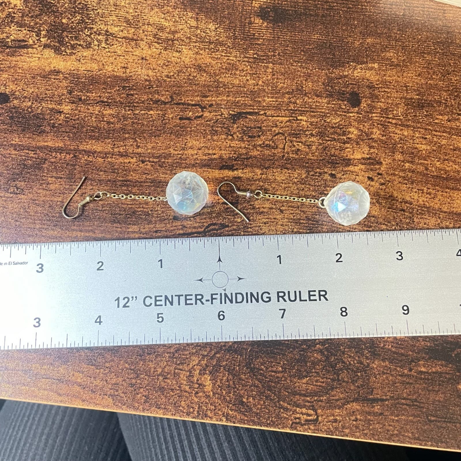 Vintage VTG Gold Tone Chain Dangle Earrings Clear Iridescent Crystal Ball Boho - Thumbnail 2