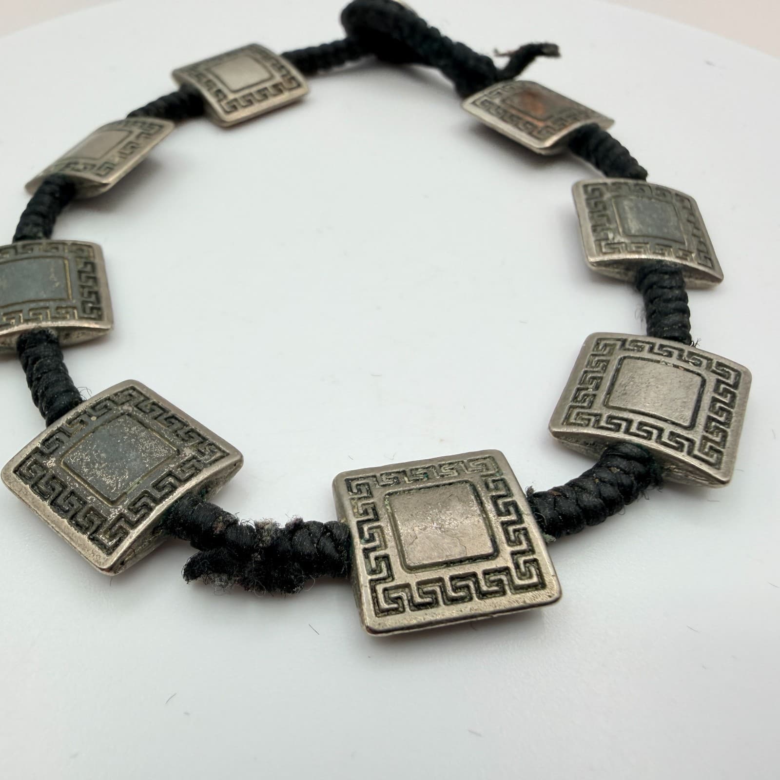 VTG Y2K Silver Tone Square Greek Key Panel Bracelet Black Cord Women's Jewelry - Thumbnail 4