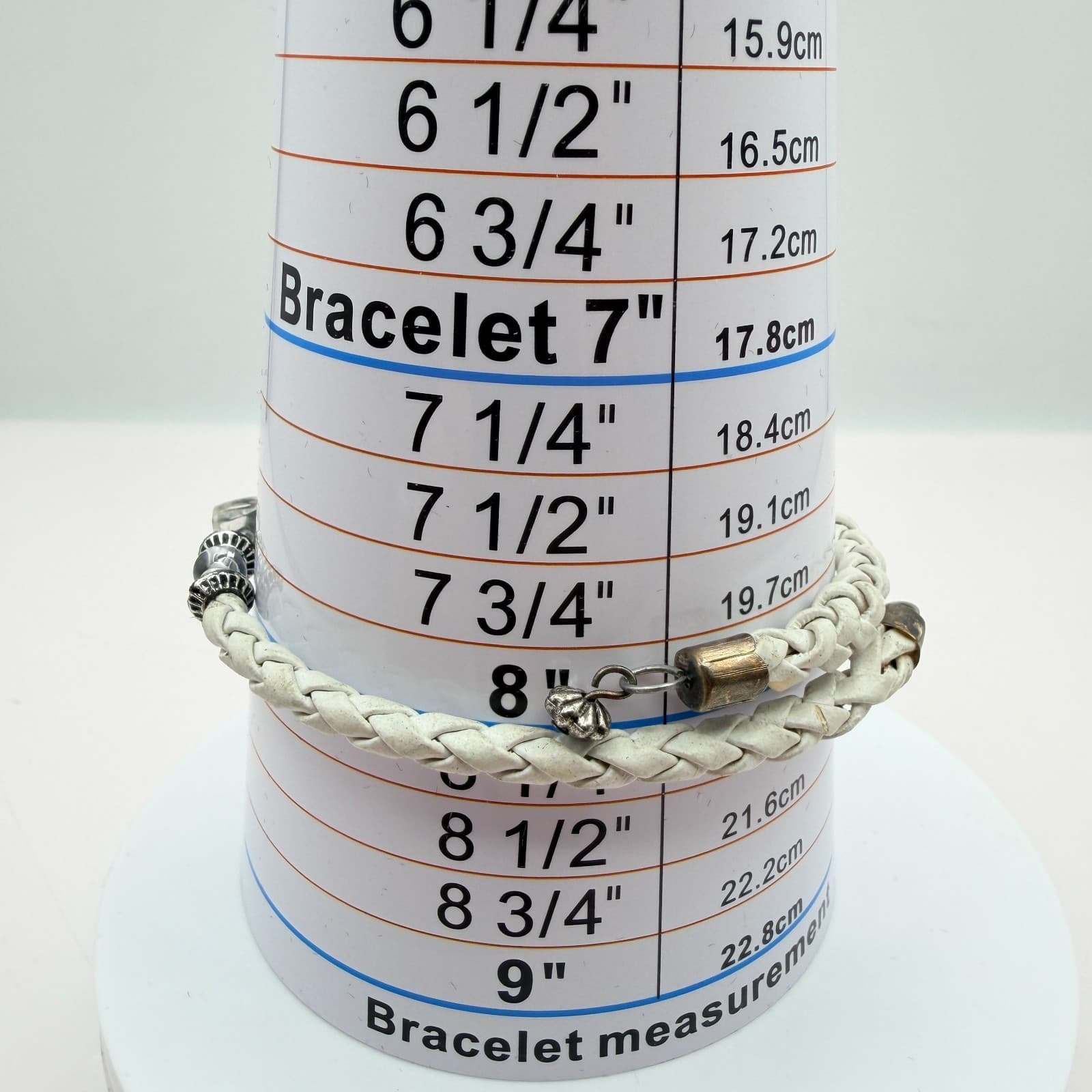 Vintage Y2K Silver Tone White Braided Leather Bracelet Beaded Zebra Stripe Charm - Thumbnail 9