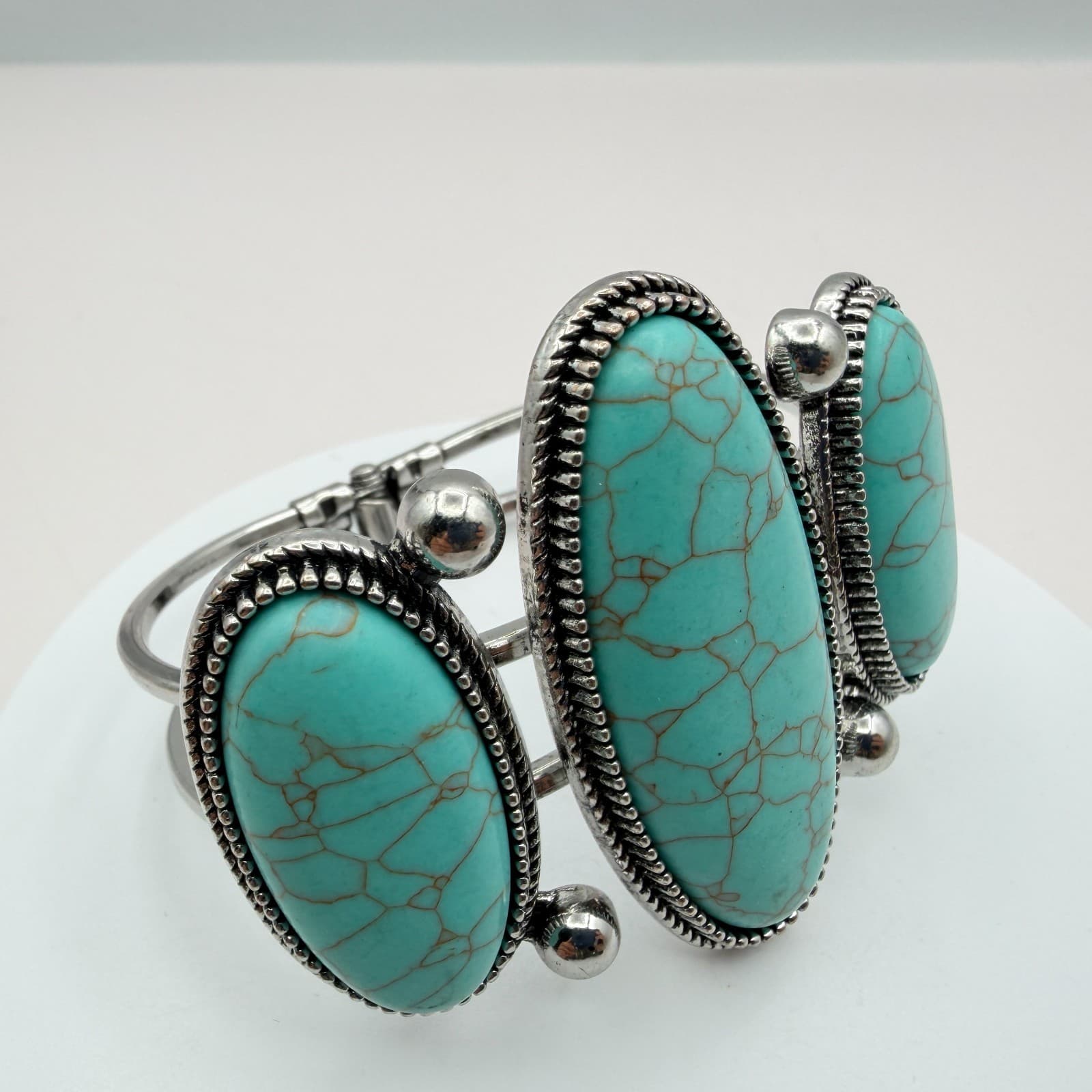 Vintage 90s Silver Tone Faux Turquoise Cuff Bangle Bracelet Women's Boho Jewelry - Thumbnail 2