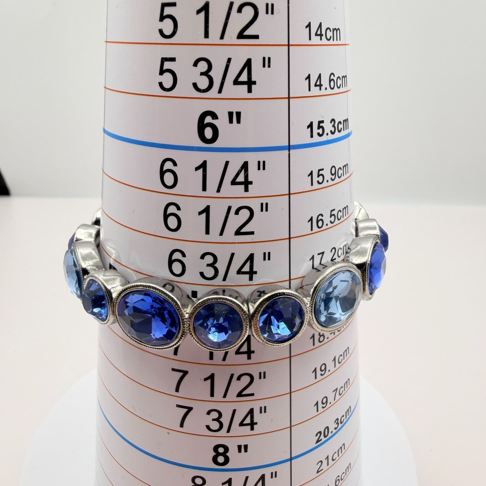 Vintage Y2K Blue Oval Glass Stretch Bangle Bracelet Silver Tone Glam Jewelry - Thumbnail 7