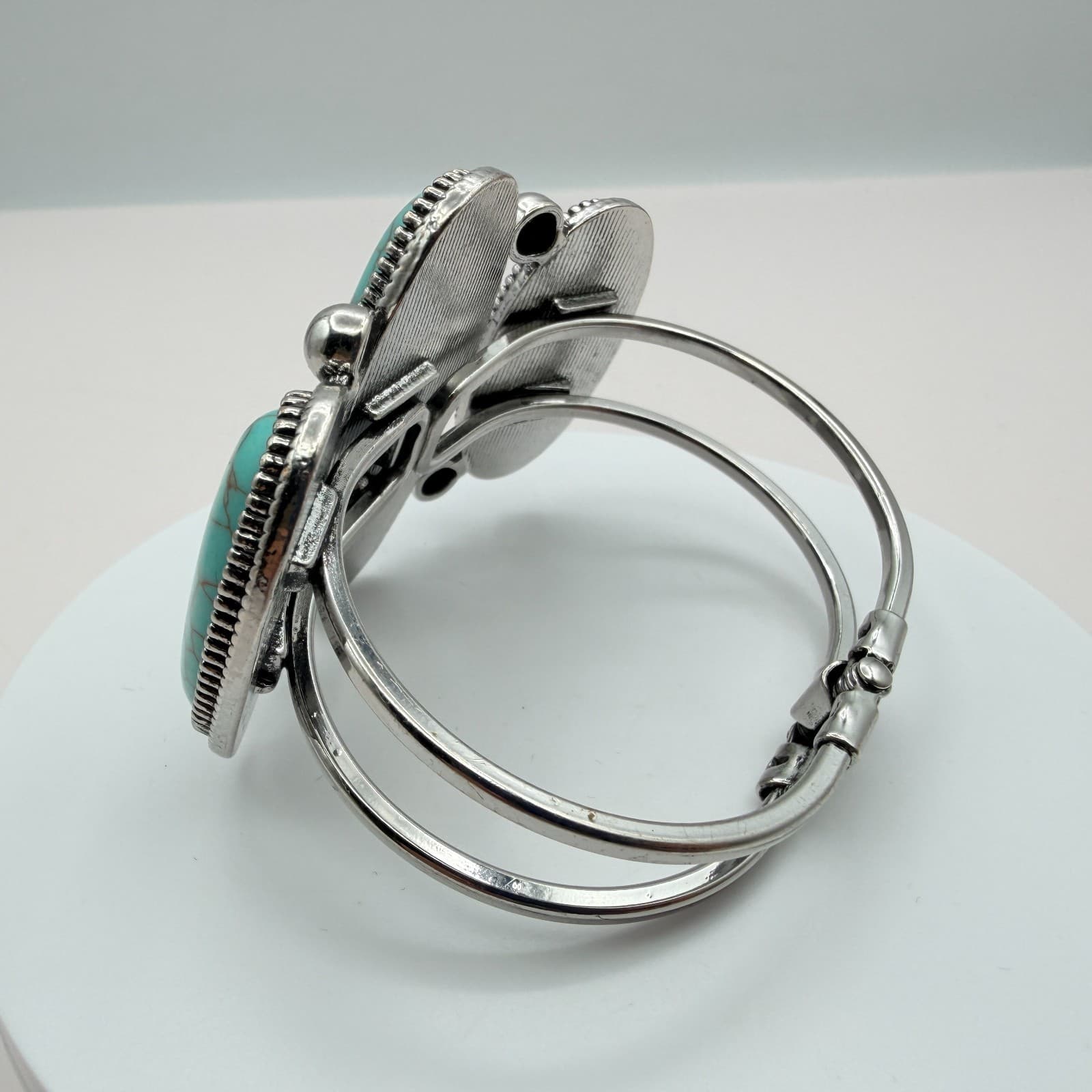 Vintage 90s Silver Tone Faux Turquoise Cuff Bangle Bracelet Women's Boho Jewelry - Thumbnail 7