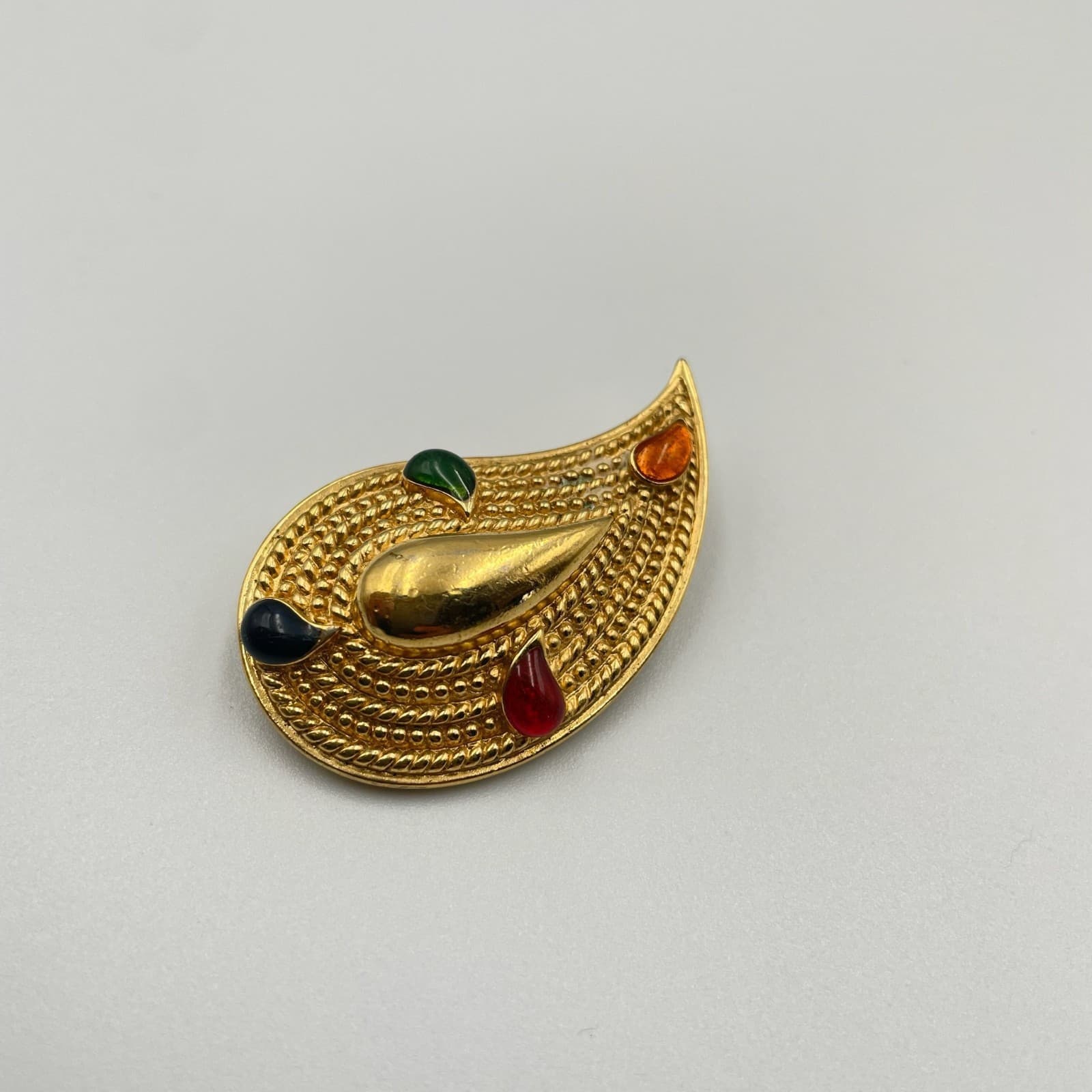 Vintage VTG Teardrop Paisley Brooch Pin Gold Tone Multi-Color Rhinestone - Thumbnail 4