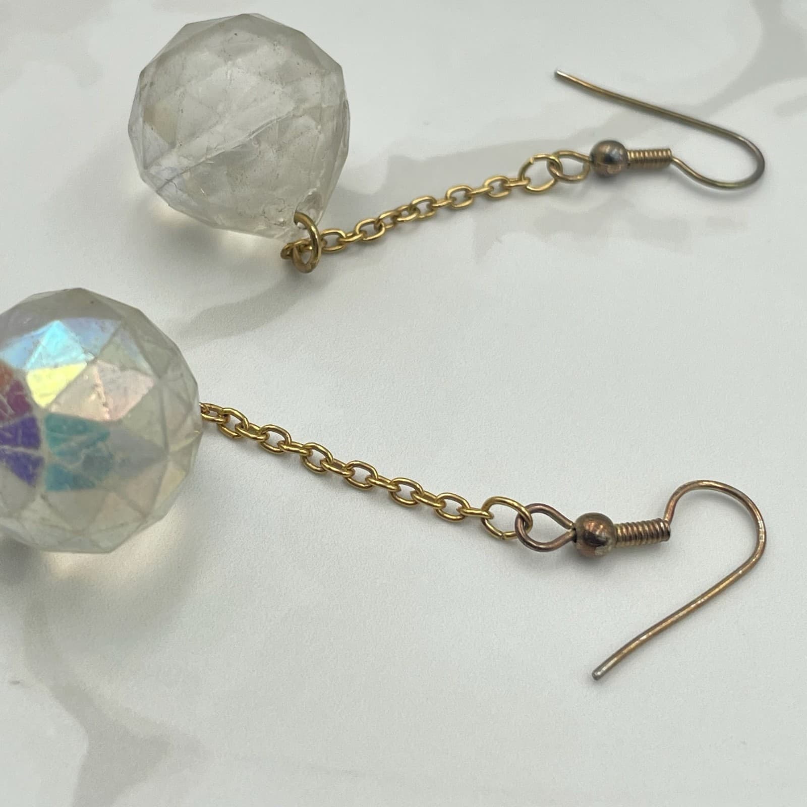Vintage VTG Gold Tone Chain Dangle Earrings Clear Iridescent Crystal Ball Boho - Thumbnail 6