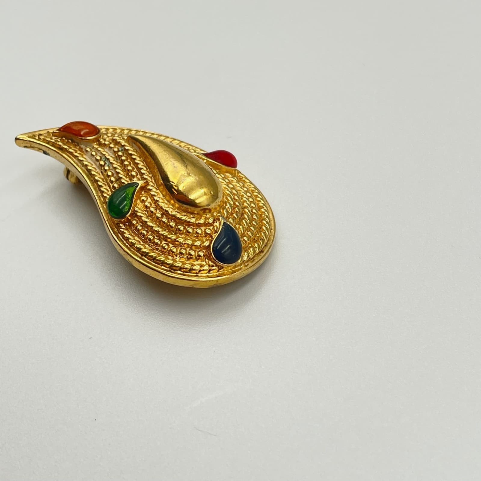 Vintage VTG Teardrop Paisley Brooch Pin Gold Tone Multi-Color Rhinestone - Thumbnail 9