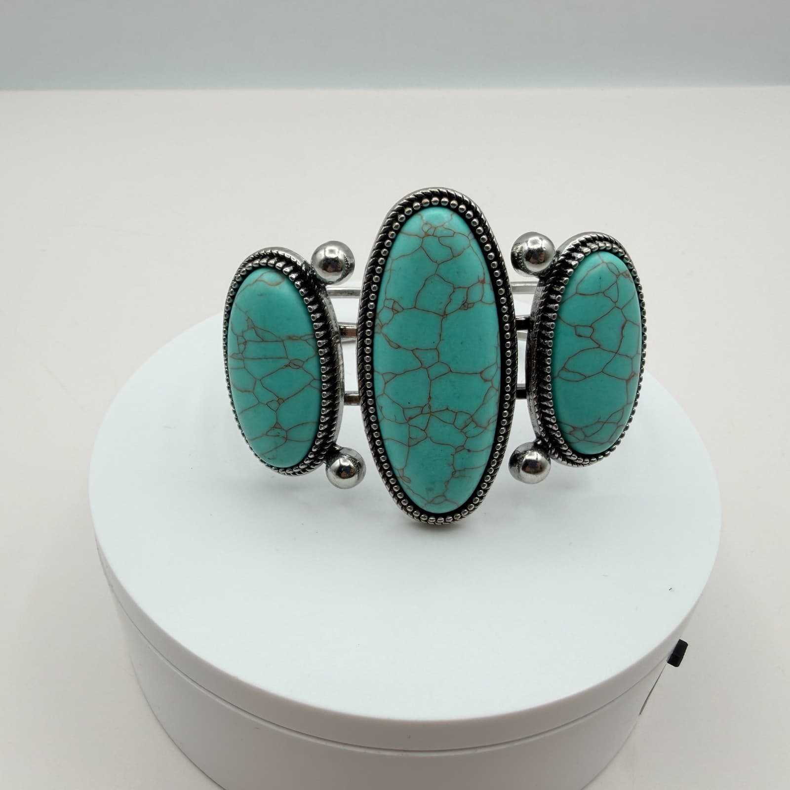 Vintage 90s Silver Tone Faux Turquoise Cuff Bangle Bracelet Women's Boho Jewelry - Thumbnail 5