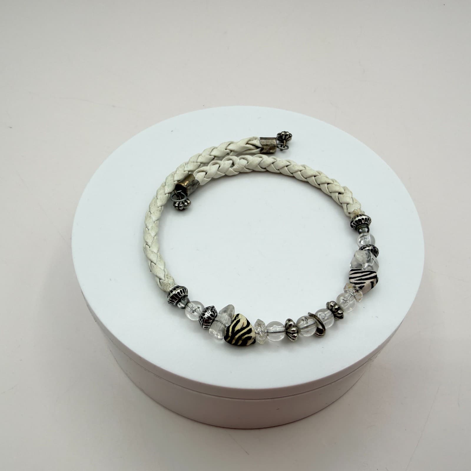 Vintage Y2K Silver Tone White Braided Leather Bracelet Beaded Zebra Stripe Charm - Thumbnail 7