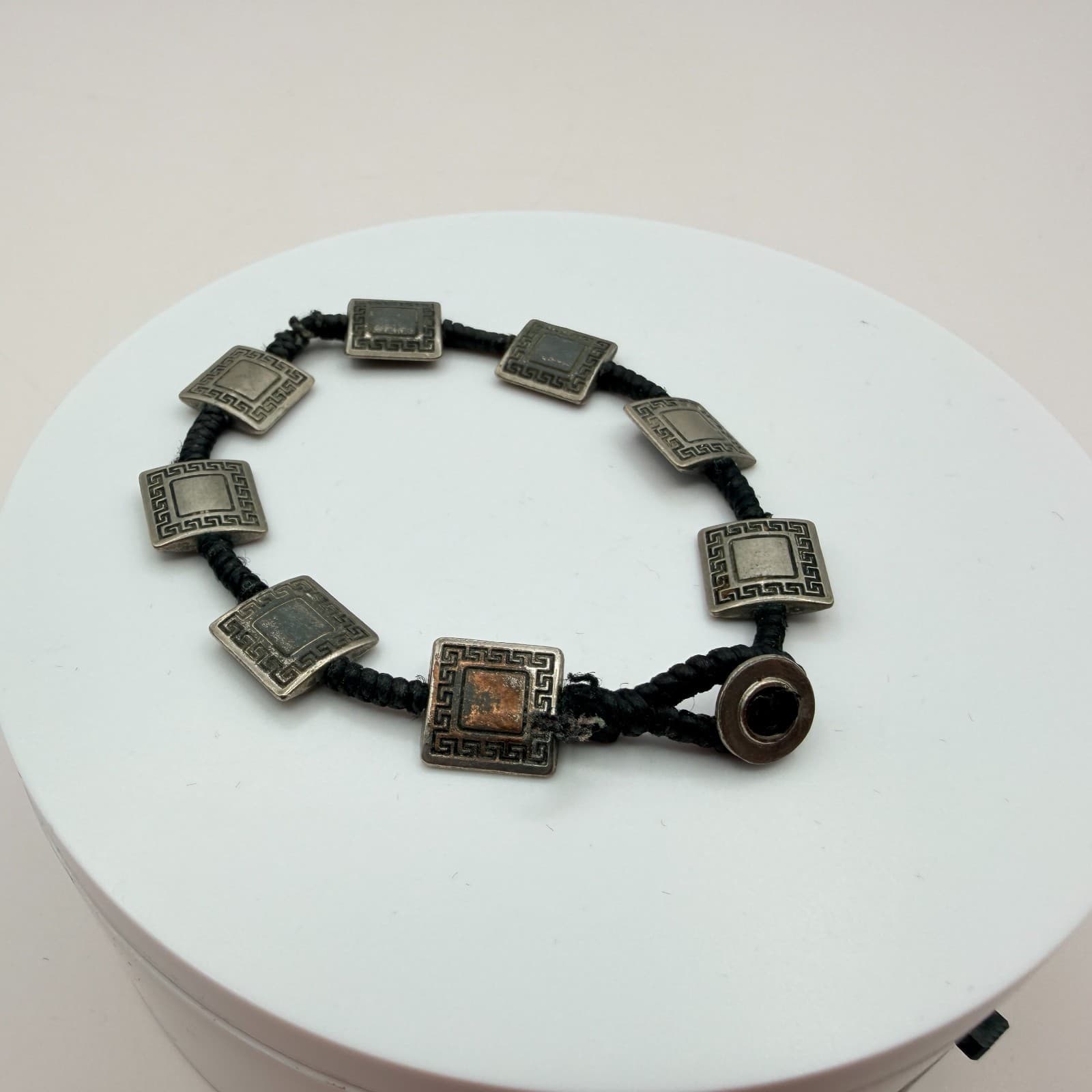 VTG Y2K Silver Tone Square Greek Key Panel Bracelet Black Cord Women's Jewelry - Thumbnail 5