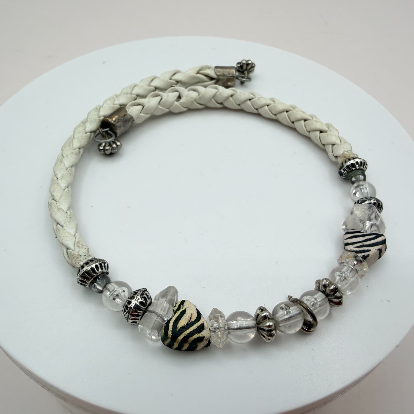 Vintage Y2K Silver Tone White Braided Leather Bracelet Beaded Zebra Stripe Charm - Thumbnail 2